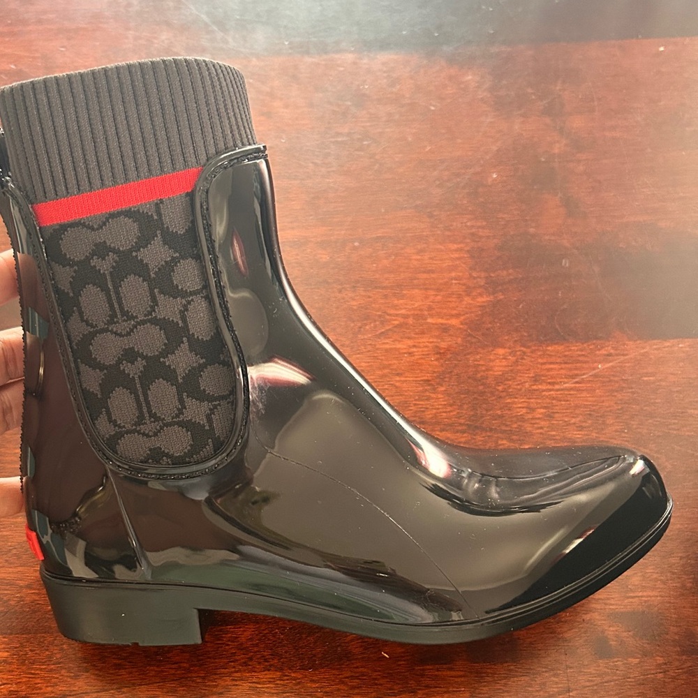 Coach Glossy Black Rain Boots with Red Trim - Picture 1 of 4